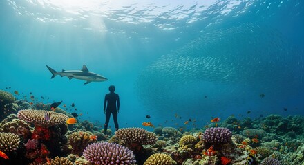 Fototapeta premium A scuba diver explores a vibrant coral reef surrounded by colorful corals and tropical fish, with a shark swimming above. Perfect for ocean conservation and marine life content.
