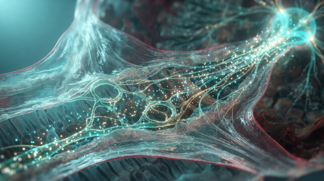 Microscopic vision-repair scene inside the eye, where endothelial cells form fresh vessel loops across the retina, nerve fibers reconnect, and light photons stream toward the optic nerve