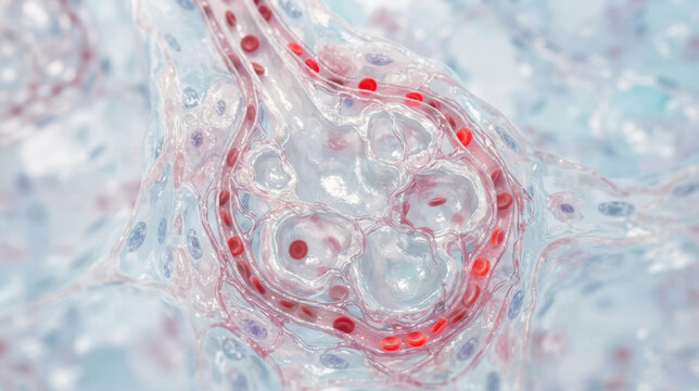 Alveoli exchanging oxygen in a magnified lung cross-section, tiny air sacs wrapped in capillaries, red blood cells absorbing oxygen, and surfactant-coated membranes shimmering. Clean luminous