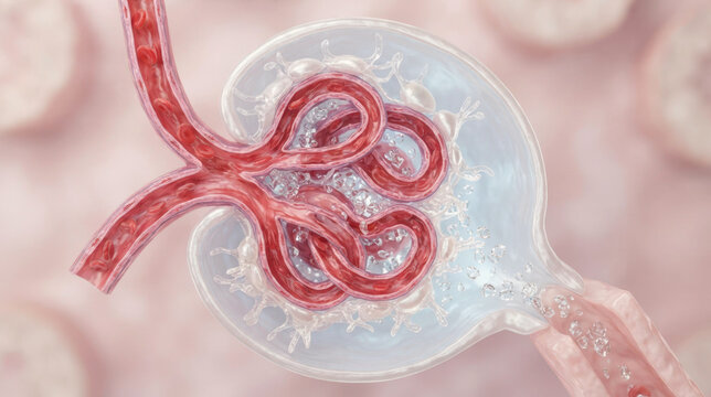 Kidney glomerulus filtration, ultra-detailed medical cross-section with capillary tufts, podocyte foot processes, flowing plasma, and forming filtrate in Bowman's capsule. Pearly whites, vascular