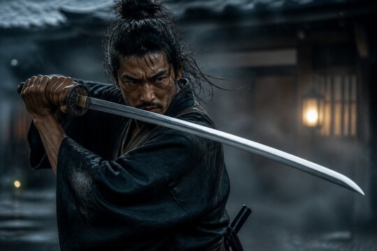 Armed swordsman mid swing in village courtyard at night