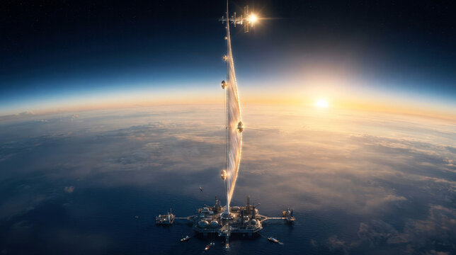 A space elevator ribbon stretching from an equatorial sea platform to a brilliant orbital counterweight, with cargo climbers, tension cables, and clouds far below. Pearly fabric-like materials