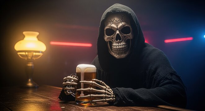 A skeleton in a dark hooded robe holds a beer mug in a moody, neon-lit bar scene with glowing yellow and pink lights. Perfect for Halloween events, dark humor designs, or spooky themed content.