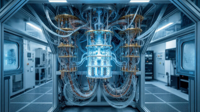 A quantum computer chamber filled with nested cryogenic stages, suspended cables, superconducting wiring, and a central dilution refrigerator glowing in cold blue light. Frosted metal, translucent