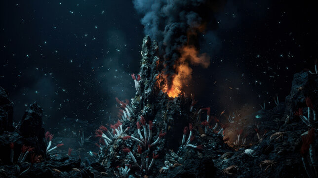 A deep-sea hydrothermal vent chimney rises from the abyss, belching mineral smoke, glowing orange vent fluid, and drifting black sediment, surrounded by tube worms, basalt rock.