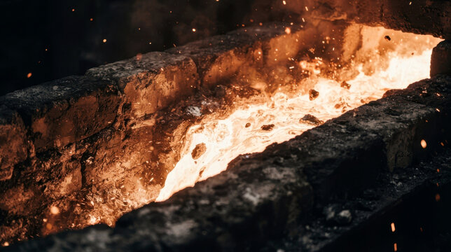 Molten steel pours through a foundry channel in an extreme close-up, surrounded by refractory brick, bright sparks, slag fragments, and waves of blistering heat. Cinematic industrial CGI with