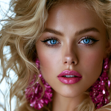 Close-up beauty portrait of a stunning blonde model with striking piercing blue eyes and dynamic wind-blown blonde wavy hair framing the face