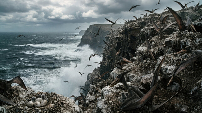 A pterosaur colony nesting on a sea cliff above crashing surf, with leathery wings, eggs in pebble nests, sea spray, and wind-whipped clouds. Bone, membrane, and ocean textures combine into a