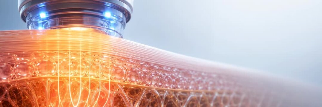Warm LED light penetrates skin layers in a cosmetic therapy concept, animated website banner with copy space