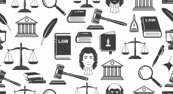 Seamless pattern featuring legal symbols and judicial icons in monochrome style for professional justice backgrounds