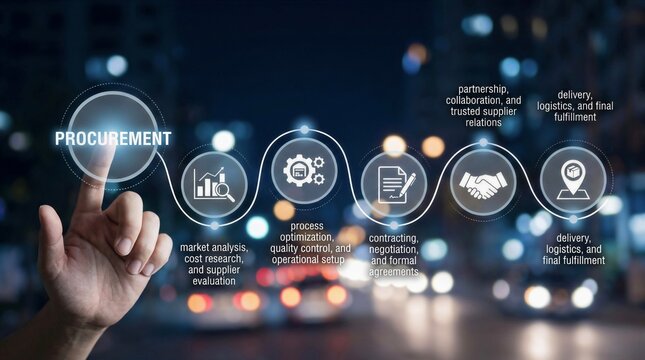 Procurement Process Concept with Digital Icons and Business Hand Touching Interface on City Background