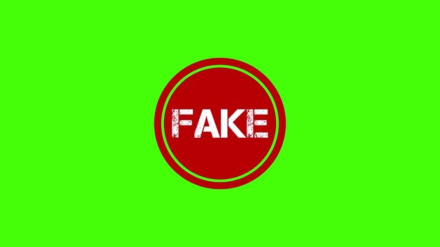 Red circular fake stamp border appears on a bright green background for fraud warnings.