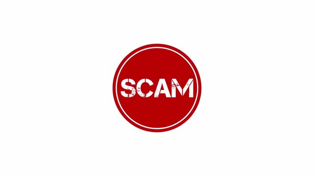 Red circular scam seal with a double border appears on a white background for fraud awareness.