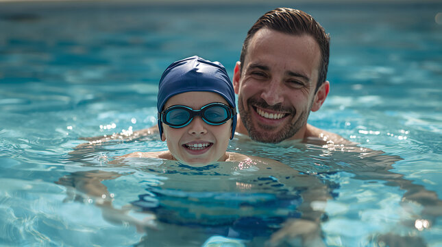 Happy Father and Son Bonding in a Swimming Pool, Boy Wearing Goggles and Swim Cap Learning to Swim on a Sunny Day