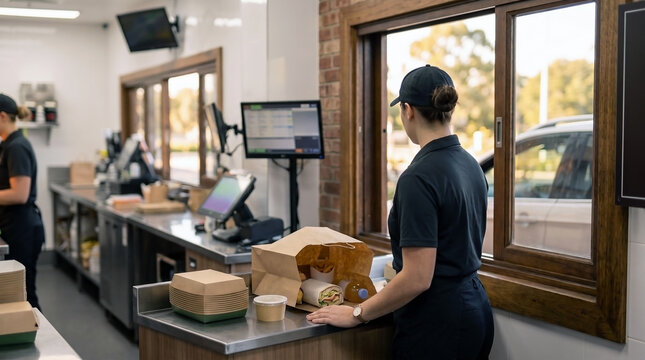 A female fast food restaurant employee prepares a takeaway order for pickup at the drive thru window, packing delicious food for quick service