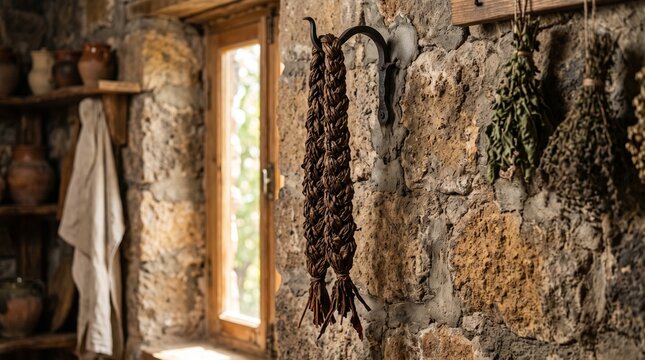 Traditional dried braided Aveluk wild sorrel hanging on rustic stone wall in Armenian village kitchen