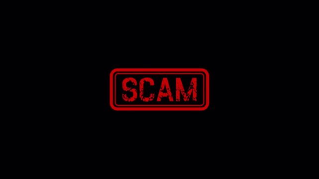 Red distressed scam stamp appears in a rounded rectangular badge on a black background.
