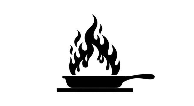 Vector illustration of black silhouette of a frying pan with flames on a stovetop on a transparent background