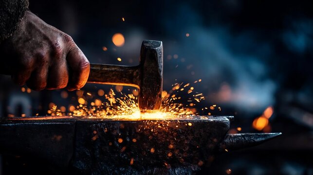A blacksmith hand strikes glowing metal with a heavy hammer creating bright sparks on a dark iron anvil