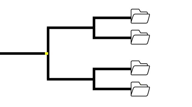 Animated folder tree network diagram on white background showing data transfer and file organization.