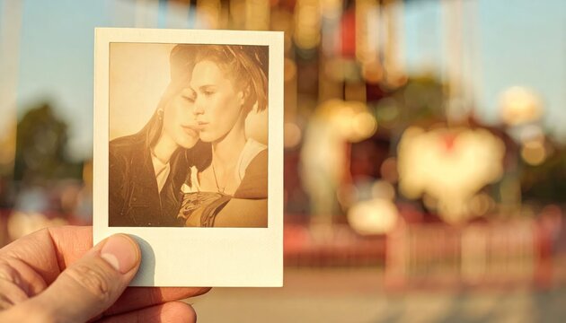 A hand holds a vintage polaroid photo of a loving same-sex couple against a blurred carousel background, symbolizing nostalgia and romance.