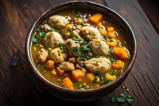 bowl of paraguayan vori vori soup with cornmeal dumplings