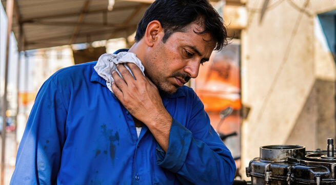 Tired mechanic wiping sweat from his neck with a rag. Exhausted worker in a blue shirt taking a break by an engine during a hot summer heatwave