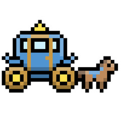 Fototapeta premium Blue royal carriage with gold wheels and horse vector illustration in pixel art style