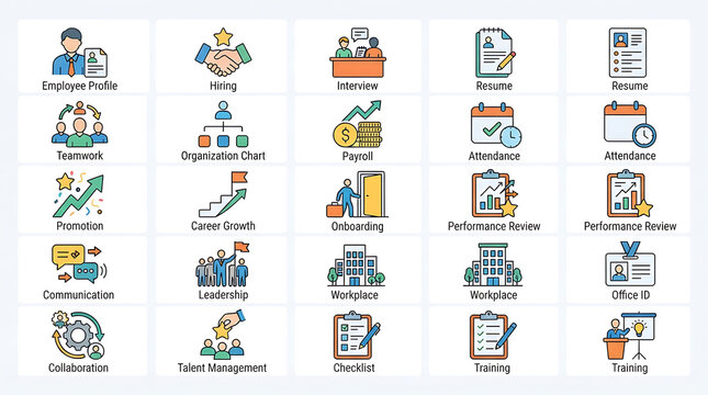 Human resources icons illustrate essential corporate operations including hiring processes, team management, employee training, and professional development programs within a modern business setting.