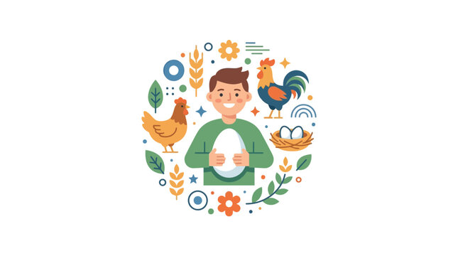 Happy Farmer Holding Fresh Eggs with Chicken Farm Icons