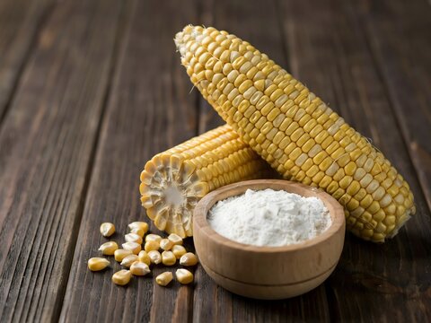 Fresh corn cobs and cornstarch with kernels for cooking and baking on a dark wooden table