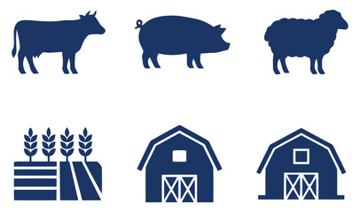 Farm animal silhouettes and crop field with barn shapes in a blue monochromatic style © MOTIUR
