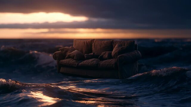 Surreal sofa floating and sinking in stormy ocean waves at dramatic sunset for creative and conceptual content
