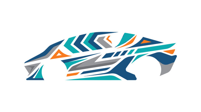Abstract sports car silhouette with geometric teal patterns.