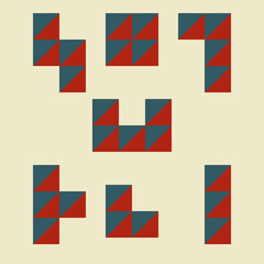 Fototapeta premium Tangram puzzle shapes collection made of colorful geometric triangles and squares. Educational puzzle set isolated on a light background for learning and design projects.