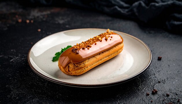 caramel eclair with nuts on a light plate and dark background