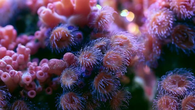 Colorful coral polyps swaying underwater in macro close up for ocean and marine life content