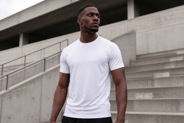 Fototapeta premium Male athlete standing on concrete stairs in parking structure