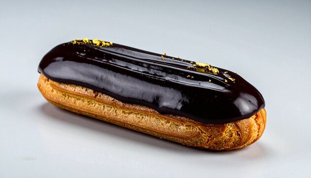chocolate eclair with gold flakes on white background