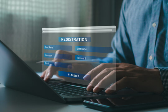 Online registration form on laptop with user account signup interface, secure authentication, password protection, digital identity, web application access, cybersecurity and data privacy technology.