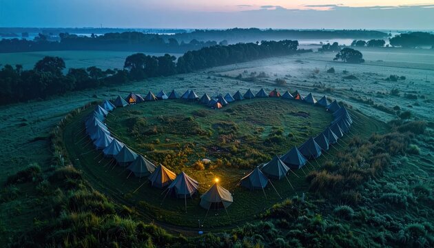 Aerial View of a Heart-Shaped Campsite with Tents Under a Dawn Sky