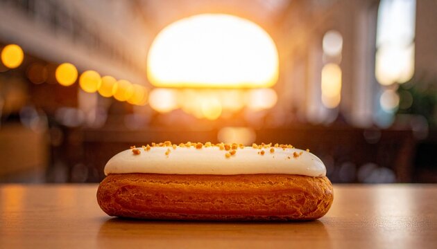 eclair with white frosting and nuts on wooden table