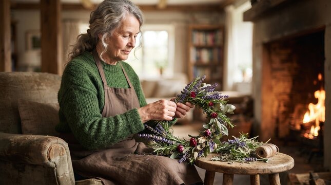 Senior woman making floral wreath near fireplace. Craftswoman creating botanical decoration with lavender and rose. Seasonal handmade hobby, creative home activity, cozy interior lifestyle