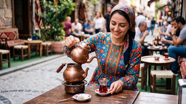 Woman wearing headscarf pouring hot turkish tea from copper teapot into armudu glass cup at street cafe. Traditional middle eastern hospitality and authentic lifestyle cultural experience