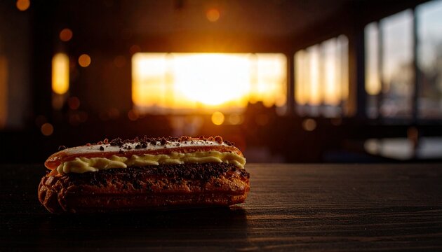 eclair with cream and chocolate crumbs on dark wooden table