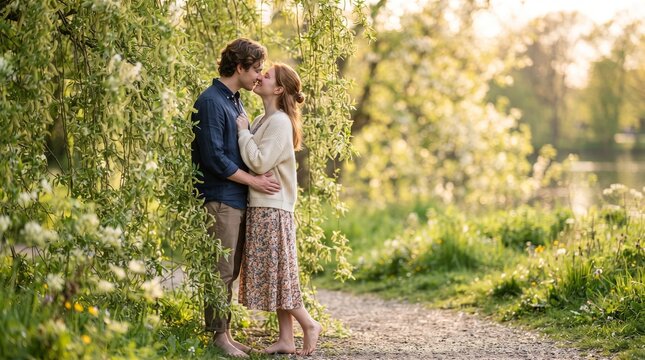 Man and woman couple standing in spring park at sunset. Young partners cuddling and touching noses outdoors. Romantic date in nature near blossoming tree. Concept of love and togetherness