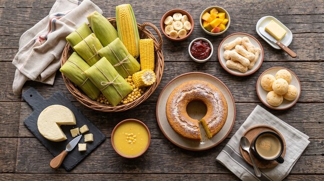 traditional Brazilian country breakfast with fresh pamonha, bolo de fub&aacute;