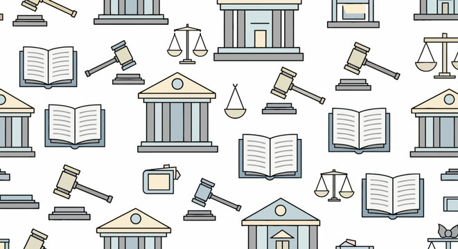 Law and justice seamless pattern with court house vector and gavel