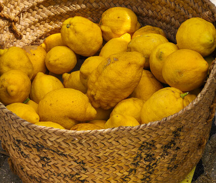 Freshly harvested lemons in a hand woven basket show a Mediterranean market scene filled with local produce