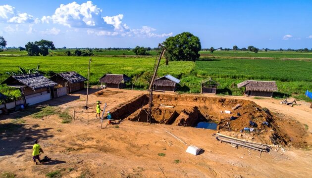Aerial View of Rural Construction Site with Workers and Huts Amidst Green Fields